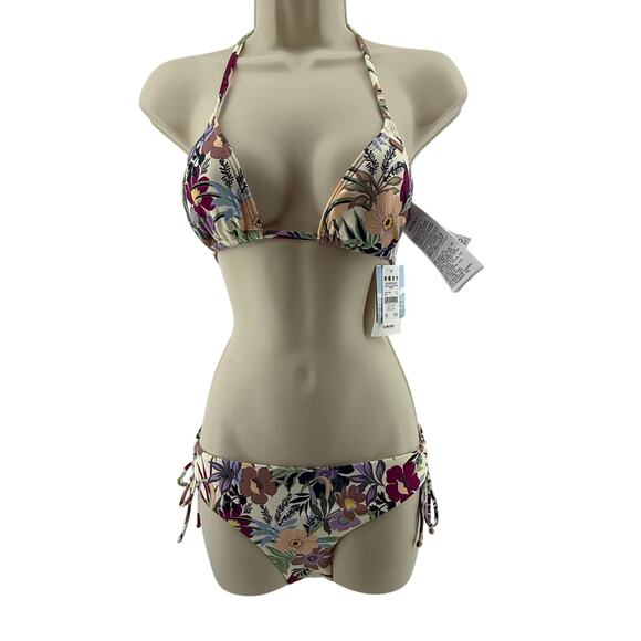 Roxy Floral Beach Classics Bikini Set Hipster Ties Bottom Tri Tie Top Womens M - Picture 1 of 8